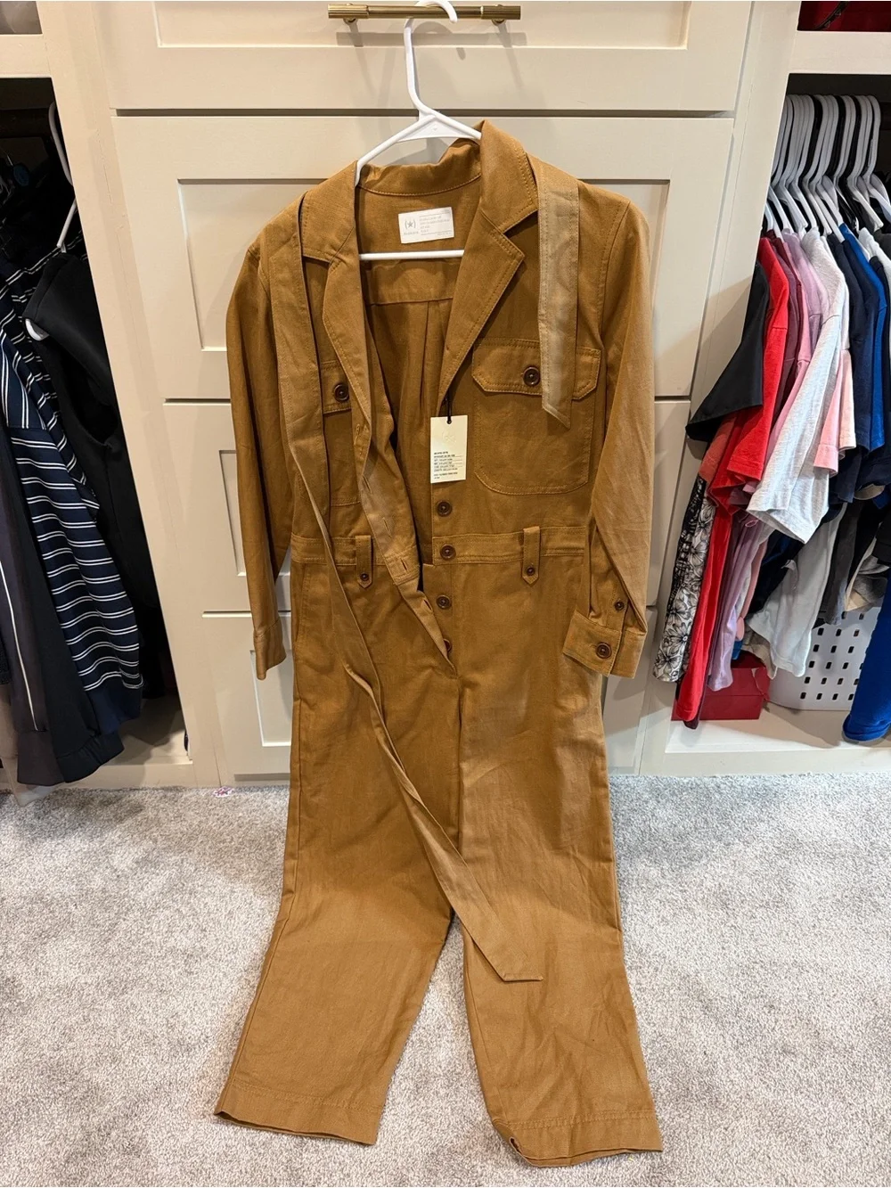 camel-colored Banana Republic Heritage Safari Cotton-Linen Cropped Jumpsuit